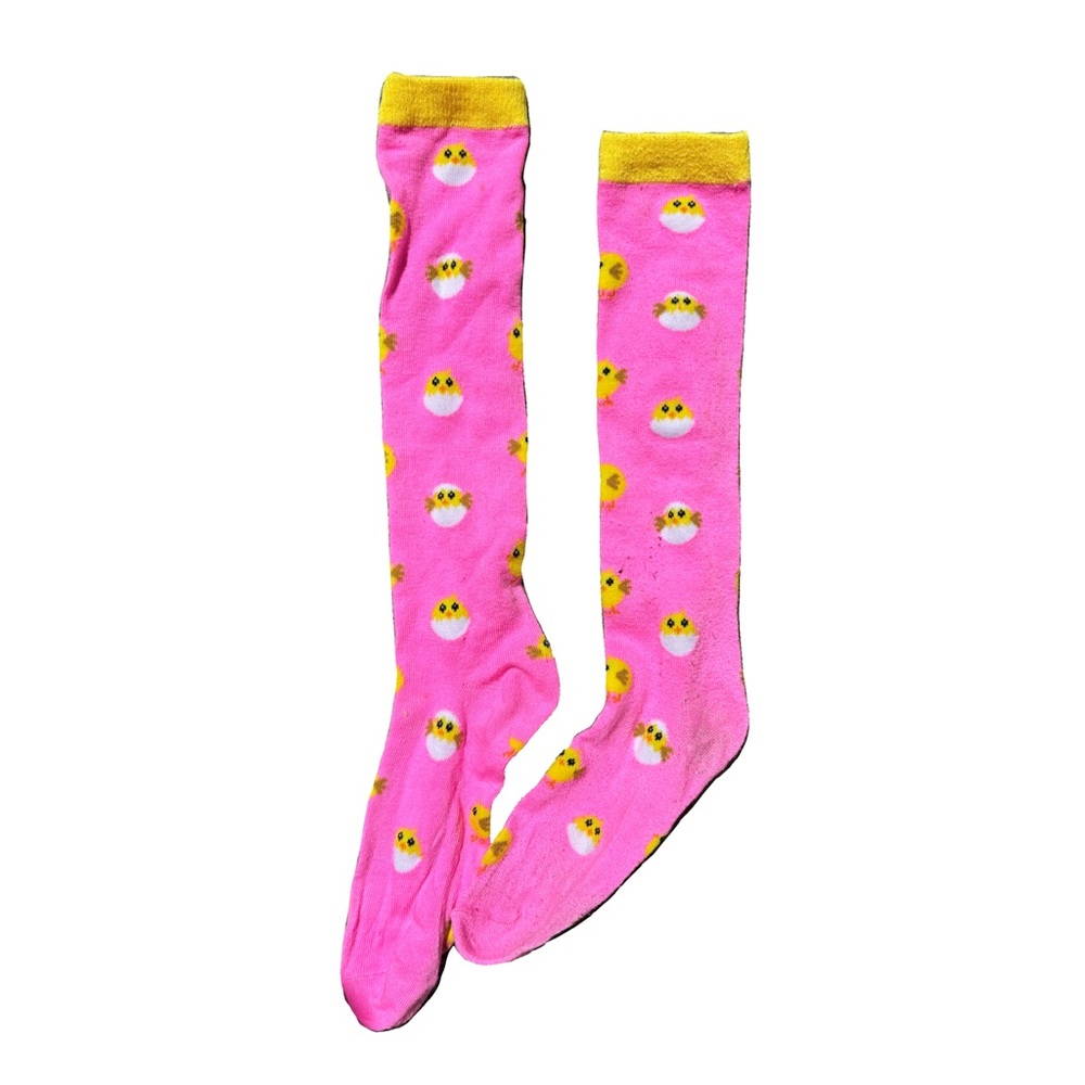 Pink Easter Long Knee High Socks with Yellow Chick Pattern